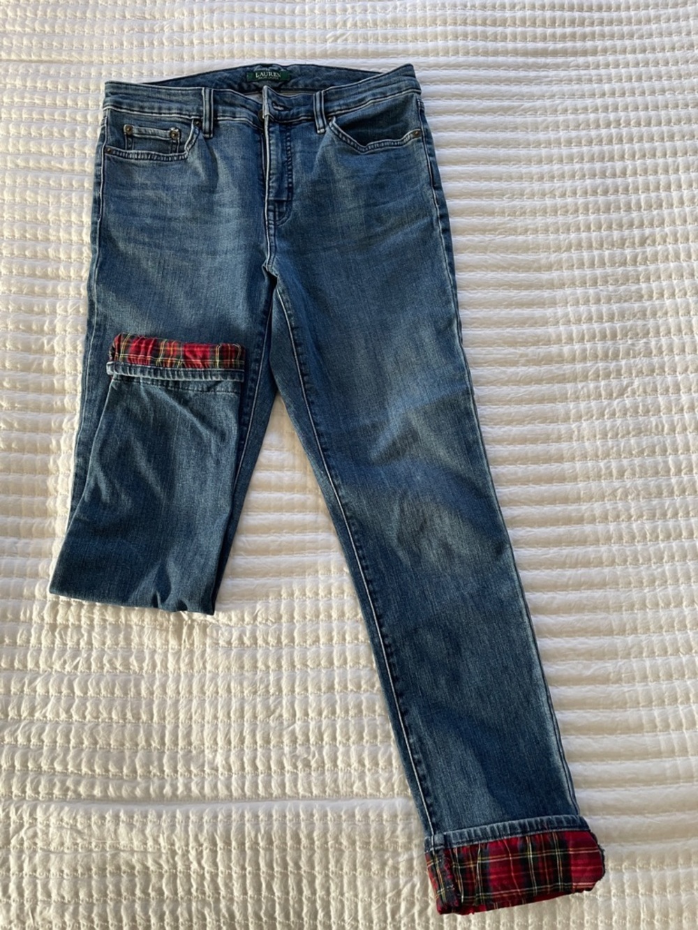 Lauren Ralph Lauren Premier Blue Jeans with Red Tartan Trim